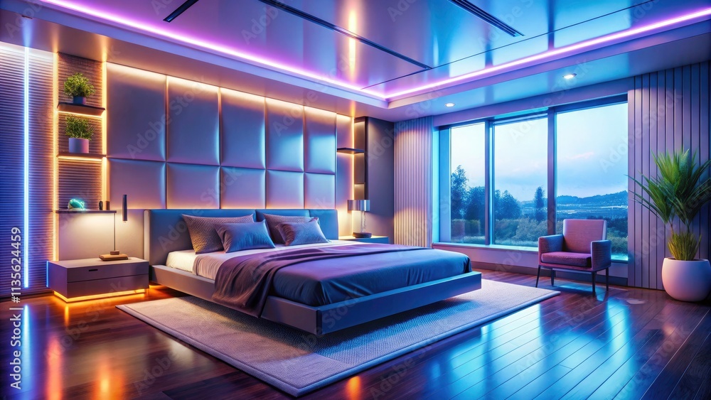 Naklejka premium Futuristic Minimalist Bedroom Design: LED Lighting & Modern Decor - High-Resolution Image