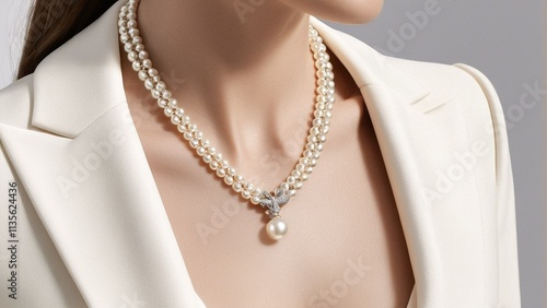 A woman wears a pearl necklace with a diamond pendant, complemented by a white blazer against a gray background.