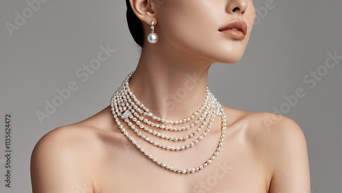 A woman wears a pearl necklace and earrings, with a neutral expression against a gray background.