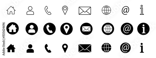 Contact us icons set. Business icon for company connection set in various style. Name, phone, mobile, place, location, mail, website and message card sign. Communication icon set. Web icon set.   