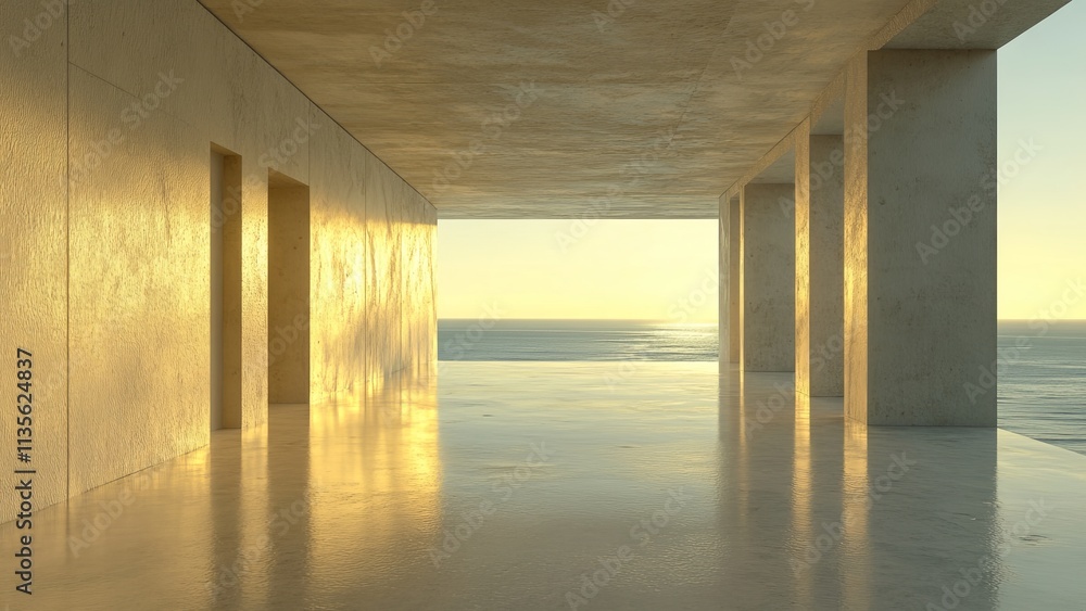 Modern architecture showcases serene ocean view at sunset