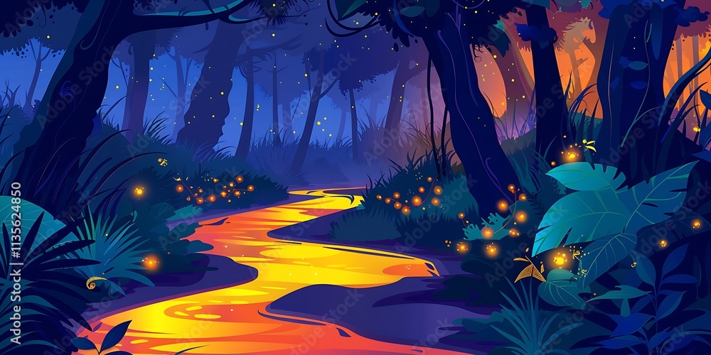 Fantasy forest at night vector illustration. Magical with trees, stream, water Fantasy forest at night vector illustration. Magical with trees, stream, water