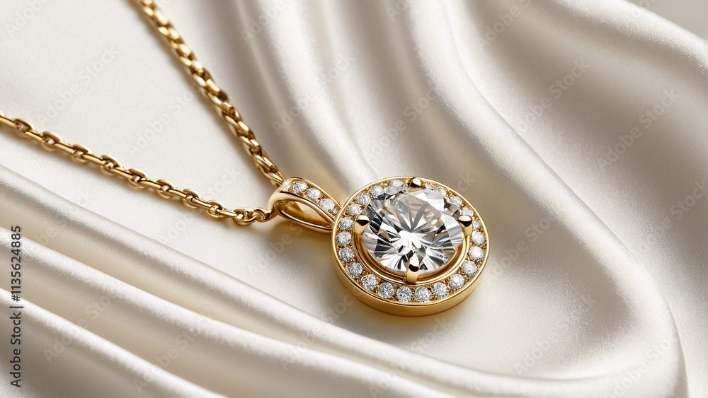 A gold necklace with a round pendant featuring a large diamond and smaller diamonds encircling it, resting on a white satin fabric. A gold necklace with a round pendant featuring a large diamond and smaller diamonds encircling it, resting on a white satin fabric.