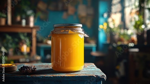 a jar of yellow liquid