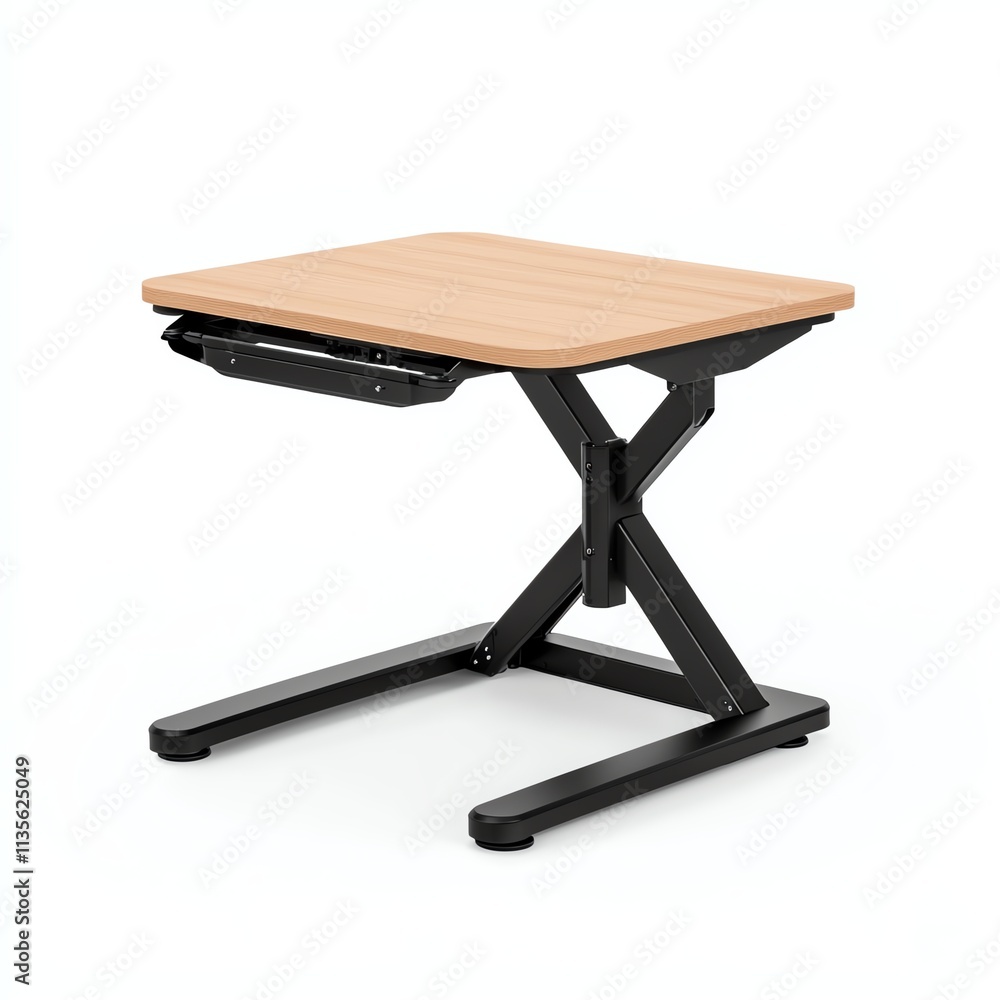 Adjustable standing desk with a wooden top and black metal frame for ergonomic workspace solutions. Adjustable standing desk with a wooden top and black metal frame for ergonomic workspace solutions.