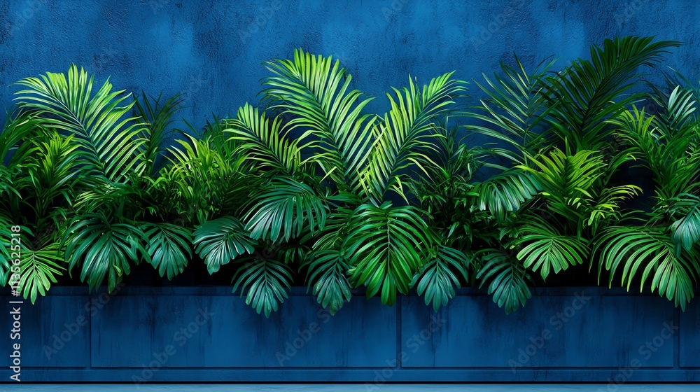 Lush green plants against a deep blue wall create a vibrant and refreshing indoor atmosphere. Lush green plants against a deep blue wall create a vibrant and refreshing indoor atmosphere.