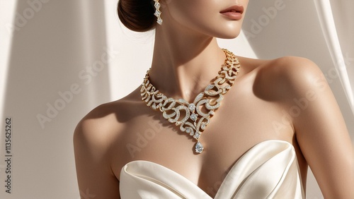 A woman in a white strapless dress wears a gold necklace and earrings, with a pendant necklace featuring a large diamond.