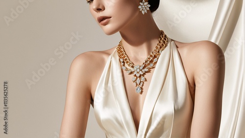 A woman in a white dress and gold necklace and earrings poses against a beige background.