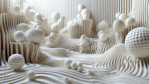 Textured landscape with white spheres and organic waves