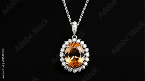 A silver necklace with a pendant featuring a large oval-shaped orange gemstone surrounded by smaller diamonds.