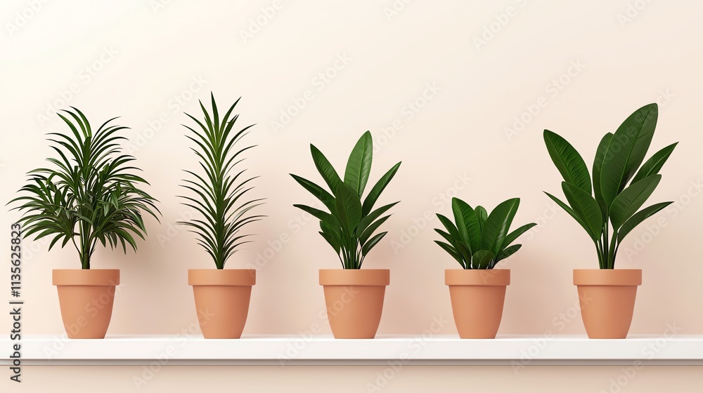 Five decorative potted plants lined up on a shelf against a neutral background. Five decorative potted plants lined up on a shelf against a neutral background.