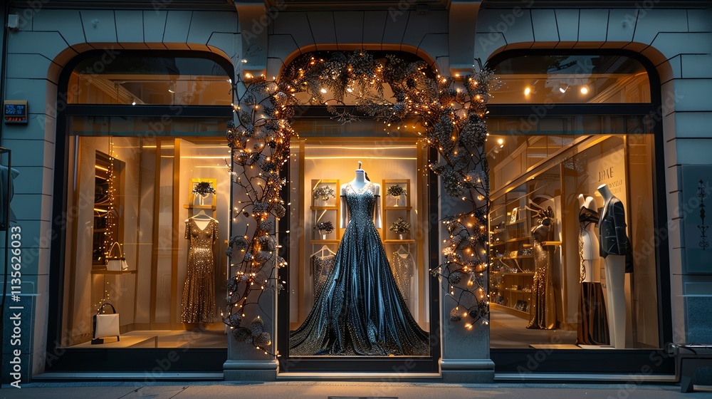 Obraz premium Elegant evening gown displayed in a luxury boutique window at night.