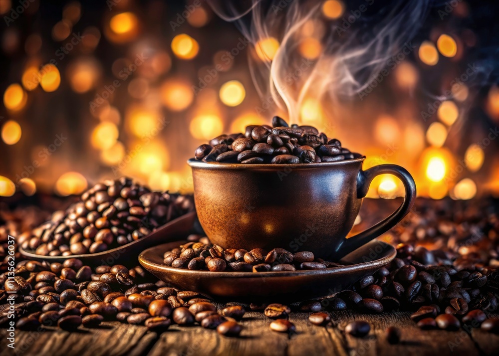 Obraz premium Low Light Coffee Background Photography: Dark Roast, Cozy Cafe, Coffee Shop Ambiance, Grain, Bokeh