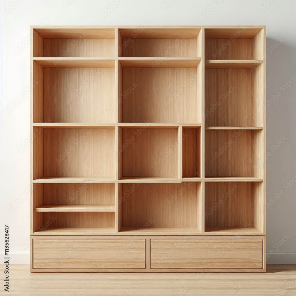 Empty wooden shelves, simple shelving, minimalist interior Empty wooden shelves, simple shelving, minimalist interior