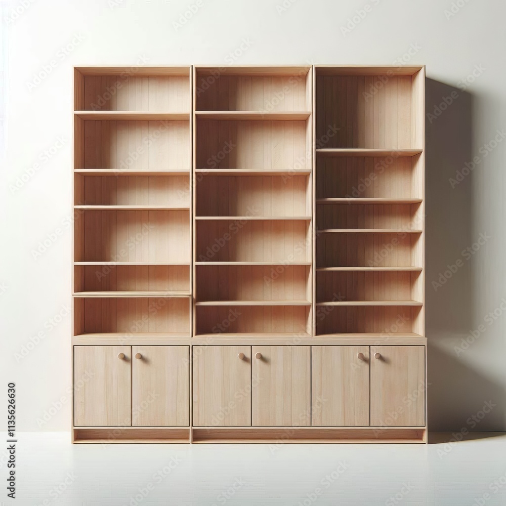 Empty wooden shelves, simple shelving, minimalist interior Empty wooden shelves, simple shelving, minimalist interior