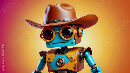 A cute robot wearing a cowboy hat