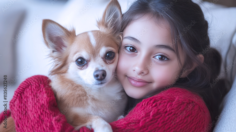 Hispanic girl playing with chihuahua dog pet in living room, wearing knitted sweater Hispanic girl playing with chihuahua dog pet in living room, wearing knitted sweater