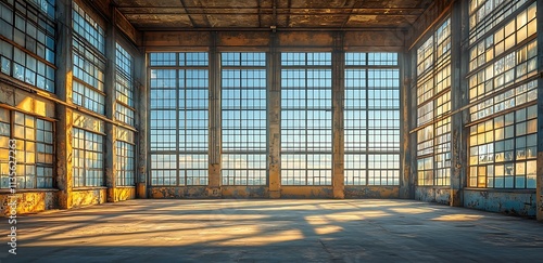 Sunlit interior of a large, empty industrial building with many windows.