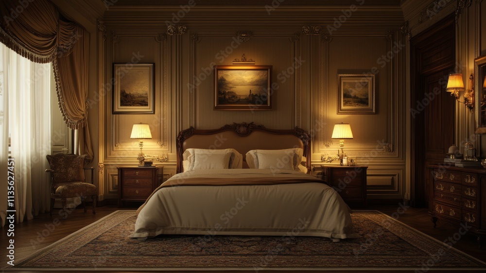 Elegant bedroom setup with classic decor and warm lighting Elegant bedroom setup with classic decor and warm lighting