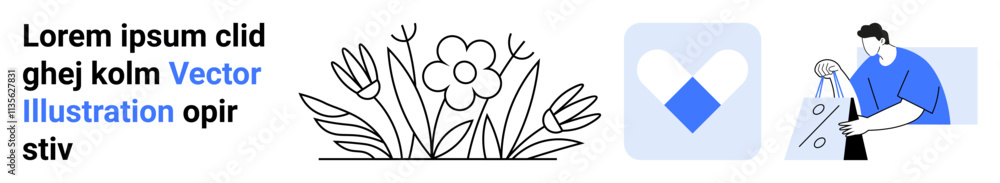 Text headline next to line art flower, heart inside a blue square, and a man ironing. Ideal for creative design, web design, home chores, domestic life, minimalist art, iconography lifestyle Text headline next to line art flower, heart inside a blue square, and a man ironing. Ideal for creative design, web design, home chores, domestic life, minimalist art, iconography lifestyle