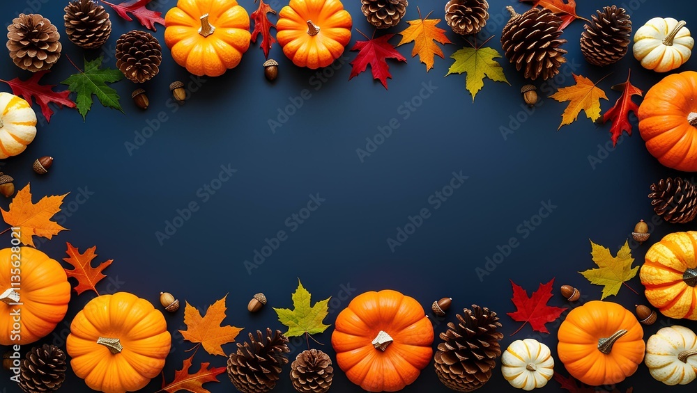 A dark blue background featuring a frame of autumn leaves and a Thanksgiving pumpkin, creating a seasonal atmosphere A dark blue background featuring a frame of autumn leaves and a Thanksgiving pumpkin, creating a seasonal atmosphere