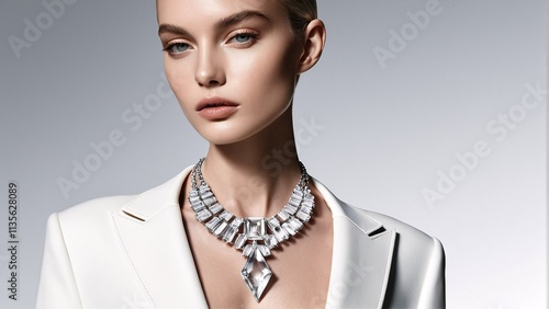 A woman in a white blazer and diamond necklace poses against a gray background.
