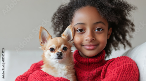 Afro girl playing with chihuahua dog pet in living room, wearing knitted sweater