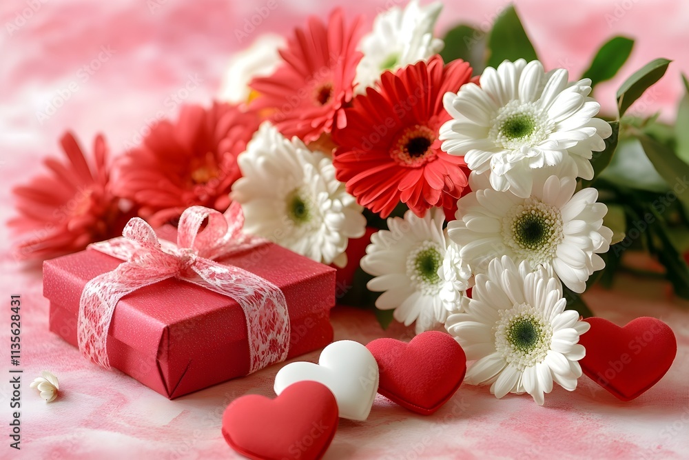 A cheerful arrangement of red and white hearts, flowers, and a gift box on a soft pink background, perfect for celebrations and romantic occasions A cheerful arrangement of red and white hearts, flowers, and a gift box on a soft pink background, perfect for celebrations and romantic occasions