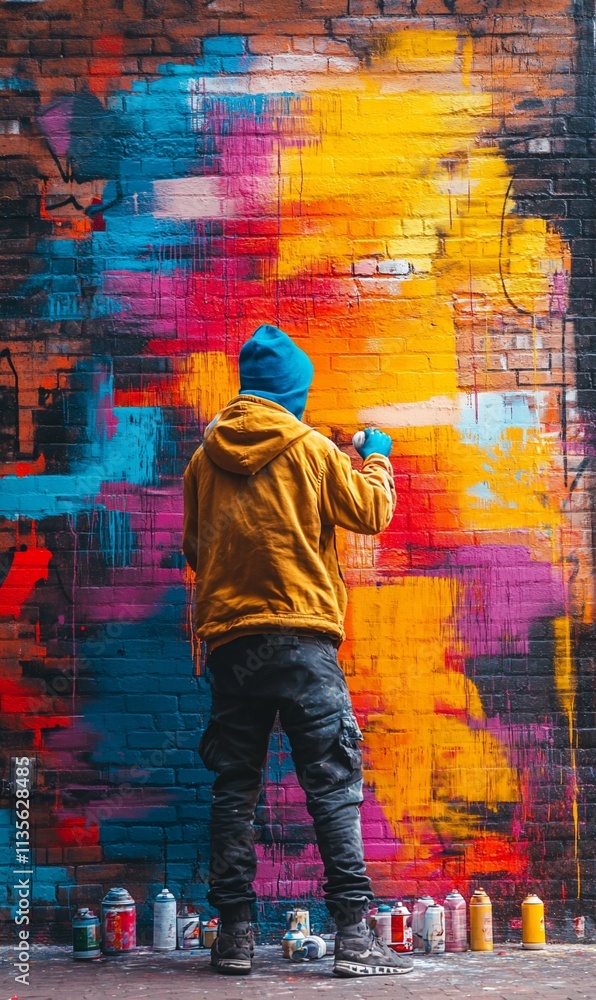 Obraz premium Artist creating vibrant graffiti art on a brick wall.