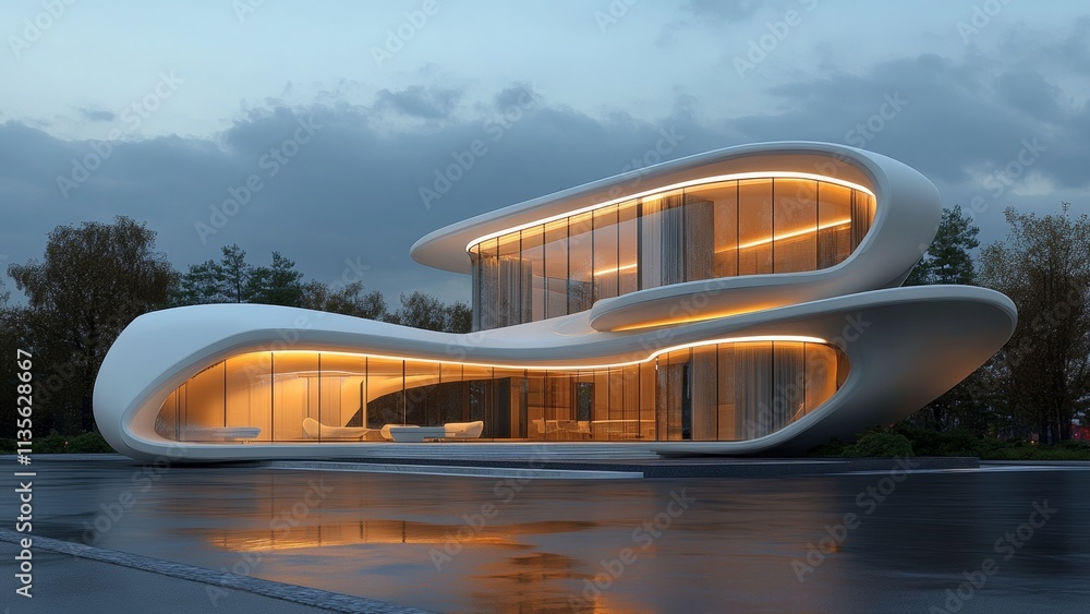 Modern architectural masterpiece with sleek curves and glass walls Modern architectural masterpiece with sleek curves and glass walls