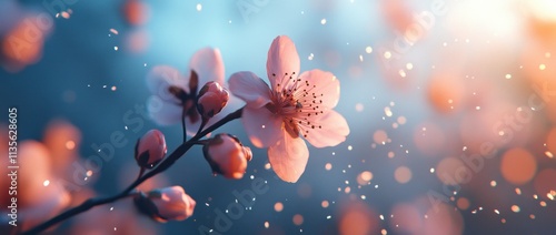 Delicate pink blossoms on a branch with bokeh background.