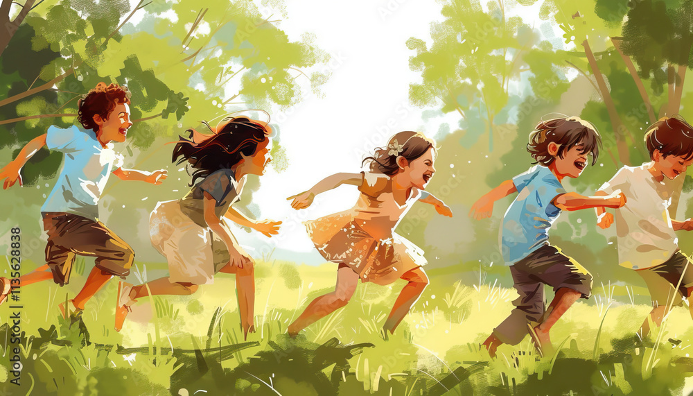 Fototapeta premium Five Children Playing in a Sunny Meadow