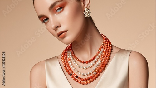 A woman in a beige dress, wearing a pearl necklace and earrings, poses against a peach background.