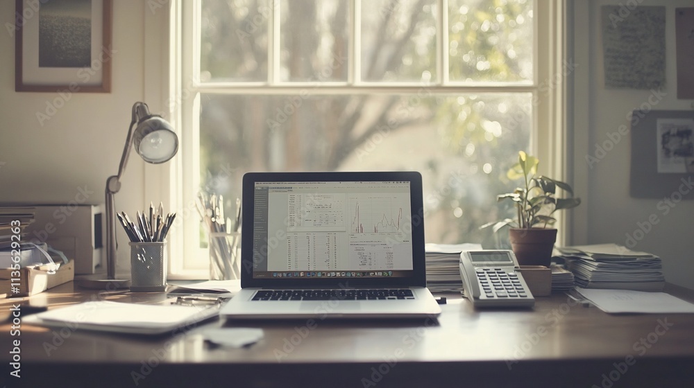 Laptop, charts, and workspace by window. Laptop, charts, and workspace by window.