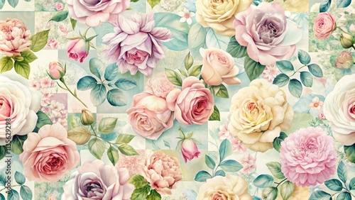Pastel Rose Patchwork Seamless Pattern, Minimalist Floral Wallpaper, Soft Flower Background