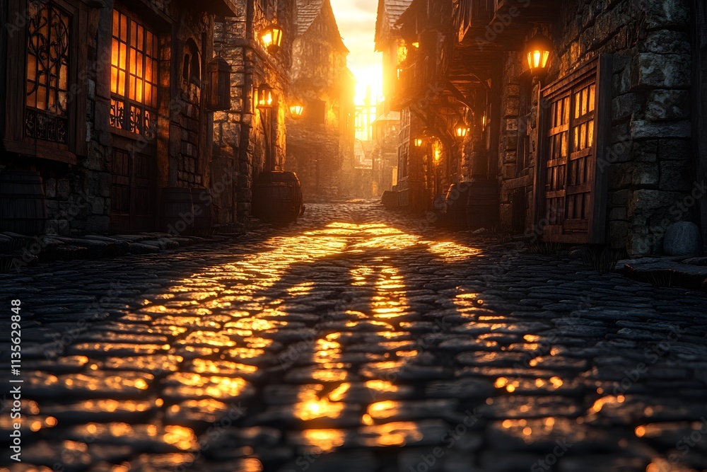 A cobblestone street at sunset, illuminated by warm lantern light, creating a cozy atmosphere. A cobblestone street at sunset, illuminated by warm lantern light, creating a cozy atmosphere.
