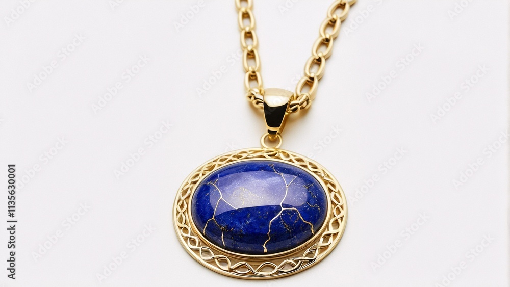 A gold-colored necklace with a round lapis lazuli pendant and a gold chain is displayed against a white background. A gold-colored necklace with a round lapis lazuli pendant and a gold chain is displayed against a white background.