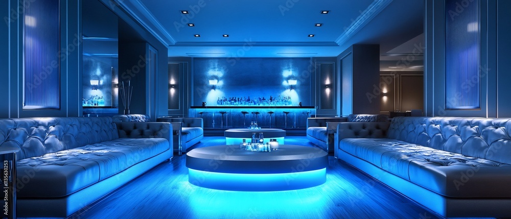 Luxurious blue-lit lounge with bar and sofas. Luxurious blue-lit lounge with bar and sofas.