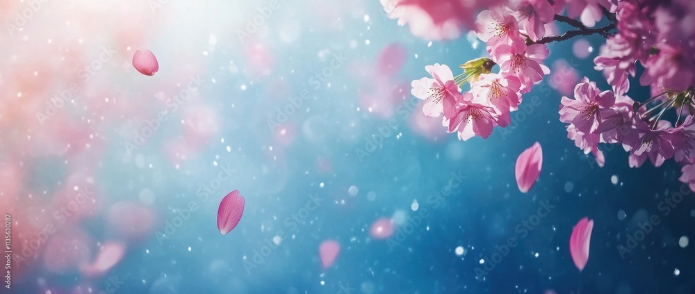 Dreamy pink cherry blossoms falling against a soft blue background. Dreamy pink cherry blossoms falling against a soft blue background.