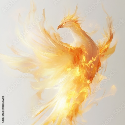 A serene phoenix glowing with soft golden light, its feathers shimmering like fire, perched on a plain white background. photo