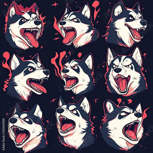 Cartoon Style Husky Faces in Minimal Art Design