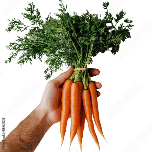 Fresh bunch of carrots held in hand with green leaves and orange roots photo