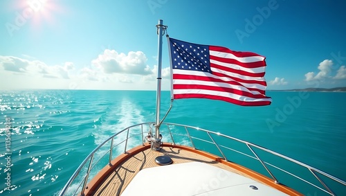 American flag waving on a boat in the ocean.