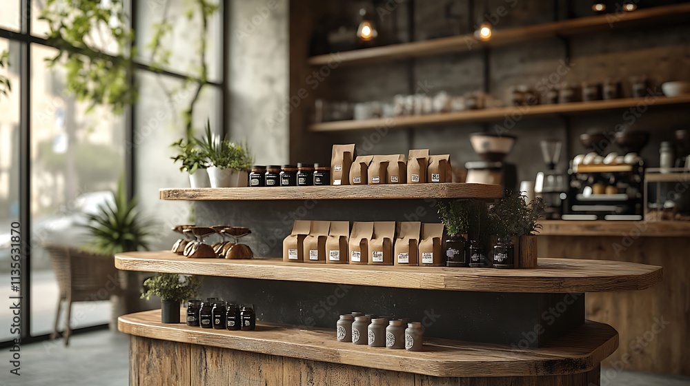 A unique rustic wooden display stand with asymmetrical shelves, holding artisanal coffee products in a quaint café setting with warm lighting and industrial accents, creative and welcoming. --ar 16:9 A unique rustic wooden display stand with asymmetrical shelves, holding artisanal coffee products in a quaint café setting with warm lighting and industrial accents, creative and welcoming. --ar 16:9