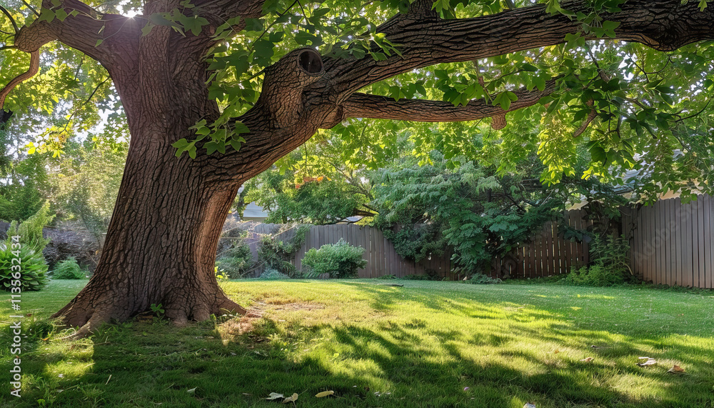 Large Deciduous Tree in Backyard with Wooden Fence Large Deciduous Tree in Backyard with Wooden Fence
