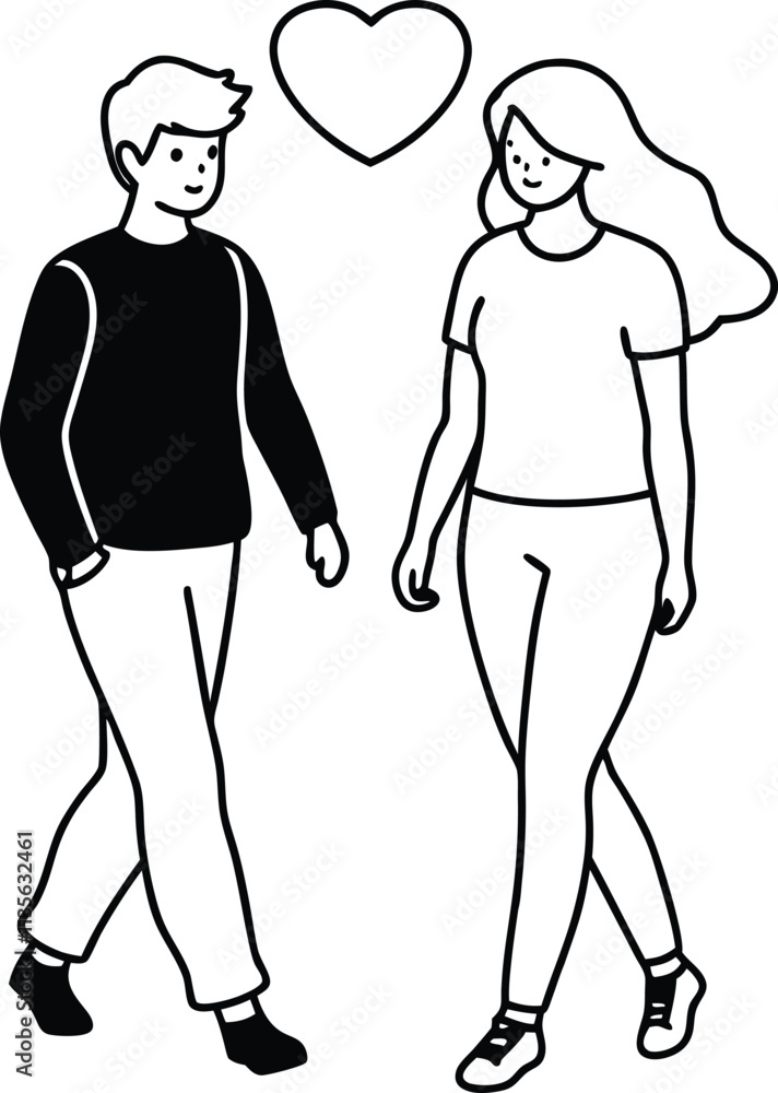 Teen romantic couple walking doodle art Teen romantic couple walking doodle art