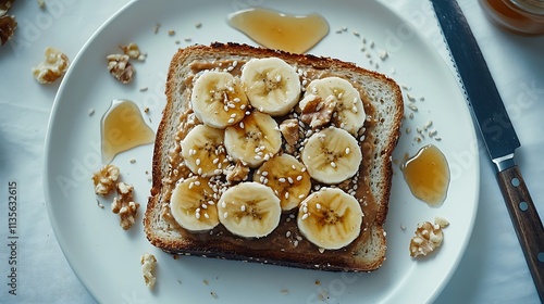 A minimalist food composition of an open-faced nut butter and banana sandwich, topped with a drizzle of maple syrup and a sprinkle of sesame seeds, placed on a white plate with a knife on the side, photo