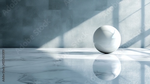 Minimalistic white sphere on marble floor with soft shadows