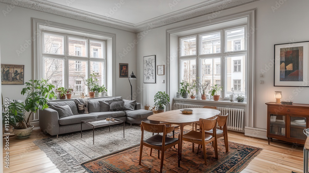 Fototapeta premium Stylish Scandinavian Living Room Interior Design with Large Windows and Abundant Natural Light