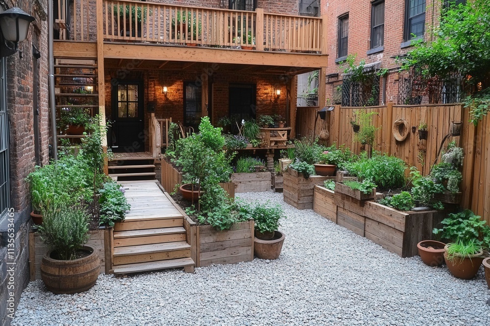 Fototapeta premium Charming Urban Garden with Wooden Planters and Pathway